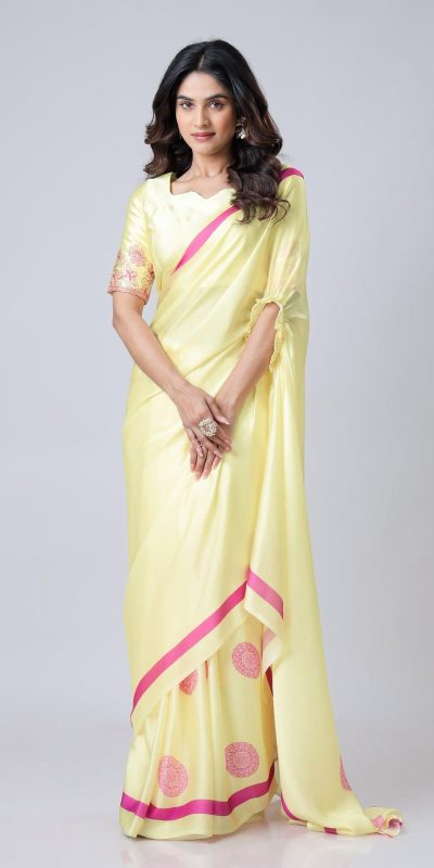 Glowing Lemon Yellow Color Japan Satin Digital Print Work Saree
