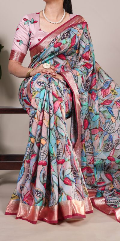 Glowing Multi Color Tushar Silk With Viscose Border Printed Saree