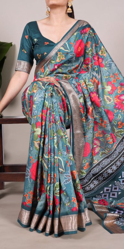 Glowing Rama Blue Color Tushar Silk With Viscose Border Printed Saree