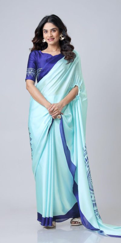 Glowing Sky Blue Color Japan Satin Digital Print Work Saree