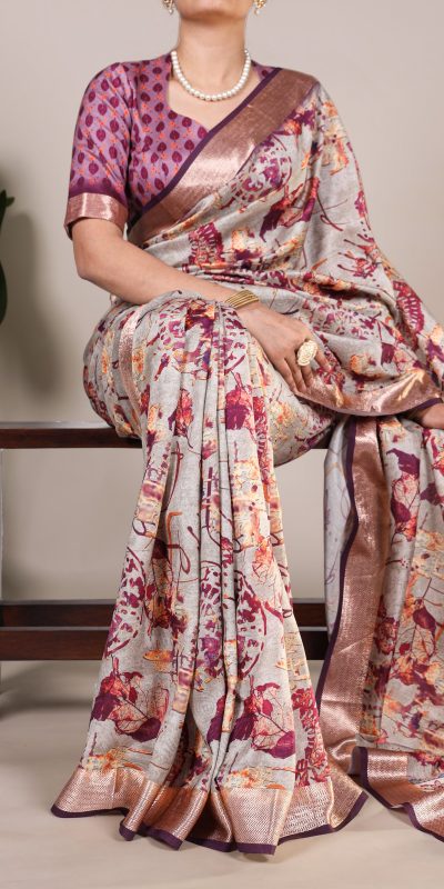 Glowing Wine Color Tushar Silk With Viscose Border Printed Saree