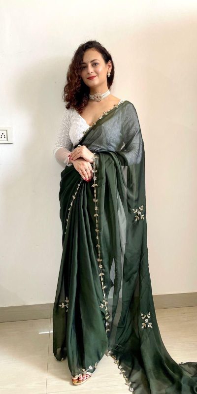 Gorgeous Green Color Rangoli Silk Handwork Cutwork Pearl Saree