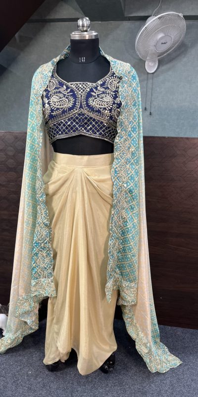 Blue Chinon Silk Embroidery Sequins Work Dhoti Suit