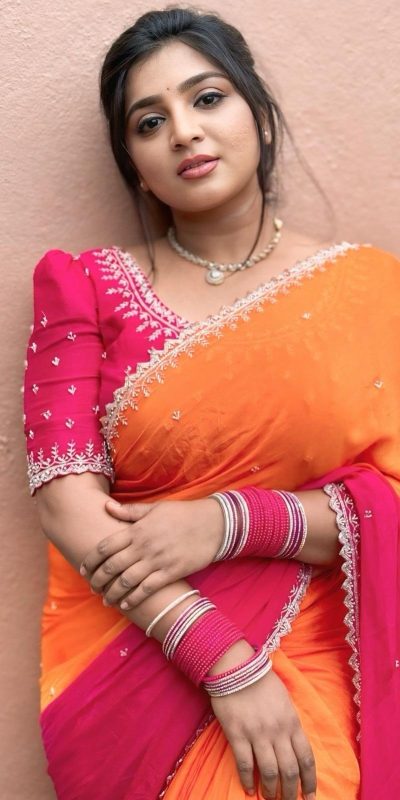 Lovely Orange And Pink Color Chinnon Embroidery Sequence Saree