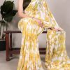 Nice Yellow Color Weightless Marble Floral Print Pearl Lace Border Saree