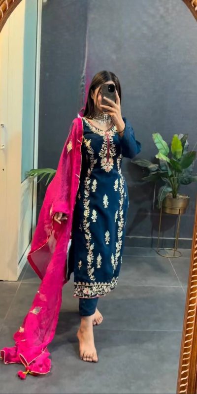 Prefect Navy Blue Color Chinon Silk Sequence Work Salwar Suit