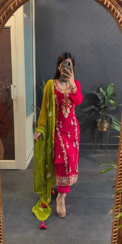 Prefect Red Color Chinon Silk Sequence Work Salwar Suit