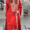 Shiny Red Color Chinon Silk With Embroidery Work Salwar Suit