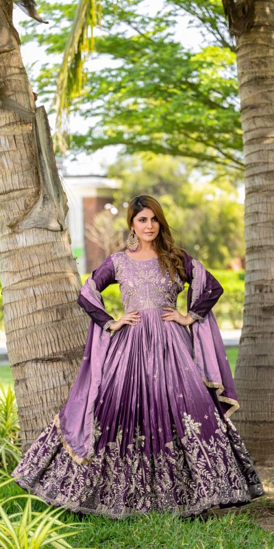 Stunning Purple Color Chinon Sequence Embroidery Work Gown