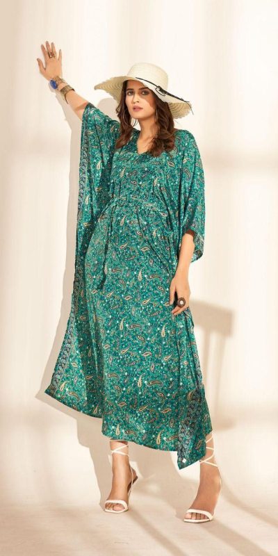 Stylist Green Color Heavy French Crape Print Kaftan Suit