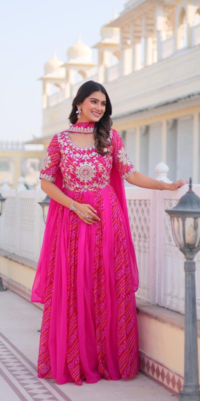 Ram 075 Pink Color Bandhej Fox Georgette Sequence Work Gown Casual, Wedding, Party, Festive, Events Etc.4-6 Working Days@ 2049/-only | Gowns, Bollywood Gowns, Creative Gowns, Designer Gowns, Embroidered Gowns, Party Wear Gowns