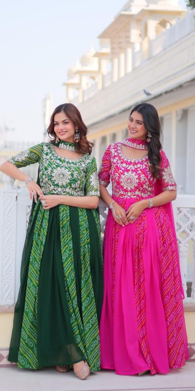 Ram 075 Pink Color Bandhej Fox Georgette Sequence Work Gown Casual, Wedding, Party, Festive, Events Etc.4-6 Working Days@ 2049/-only | Gowns, Bollywood Gowns, Creative Gowns, Designer Gowns, Embroidered Gowns, Party Wear Gowns