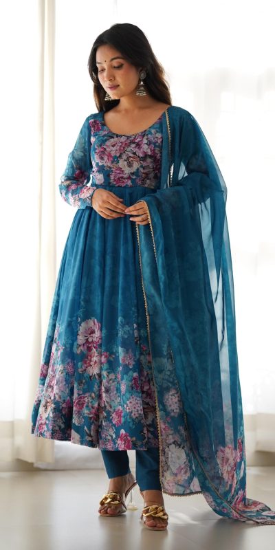 Stylist Rama Color Soft Organza Silk Print With Kali Gown