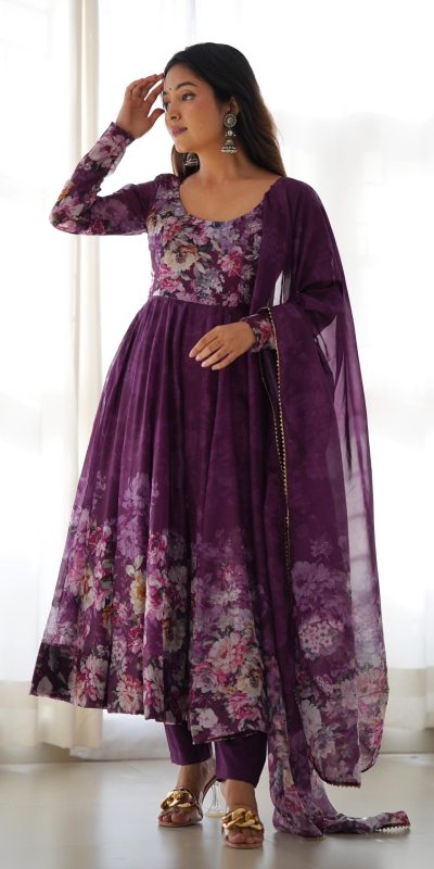 KB 261 Wine Color Soft Organza Silk Print With Kali Gown Casual, Wedding, Party, Festive, Events Etc.4-6 Working Days@ 1999/-only | Gowns, Bollywood Gowns, Creative Gowns, Designer Gowns, Embroidered Gowns, Party Wear Gowns