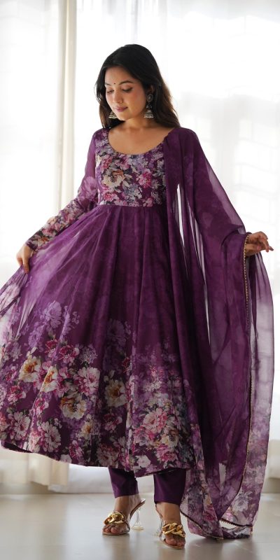 KB 261 Wine Color Soft Organza Silk Print With Kali Gown Casual, Wedding, Party, Festive, Events Etc.4-6 Working Days@ 1999/-only | Gowns, Bollywood Gowns, Creative Gowns, Designer Gowns, Embroidered Gowns, Party Wear Gowns