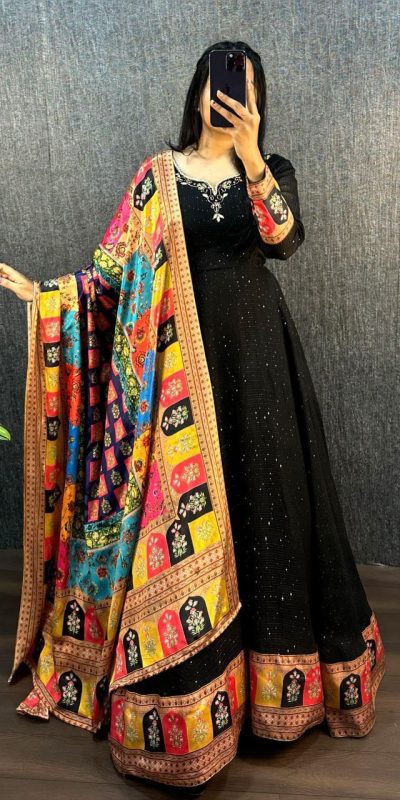 Wonderful Black Color Georgette Wide Sequence Work Anarkali Gown