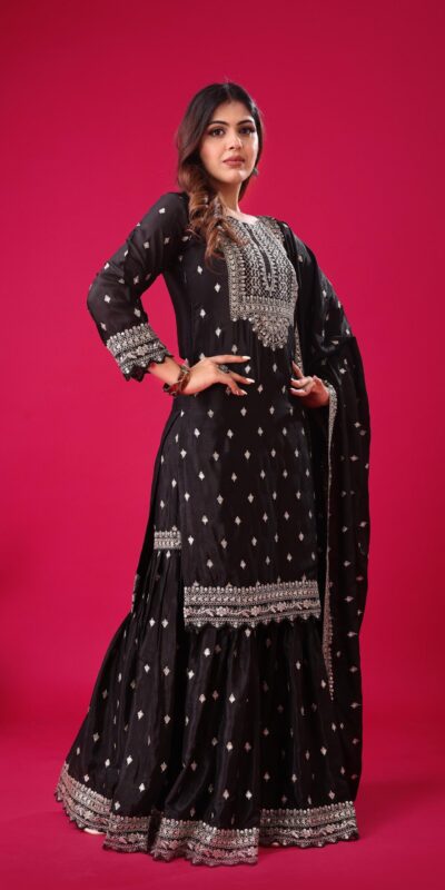 ZF 5006 Black Color Chinon Silk Sequence Work Salwar Suit Casual, Wedding, Festive, Events . Expected Delivery 4-6 Working Days @2149/- only | Casual Suits, Jump Suits, Salwar suit, Creative suits, Designer Suits, Palazzo Suits, Party Wear Suits, Patiala Suits, Straight Suits