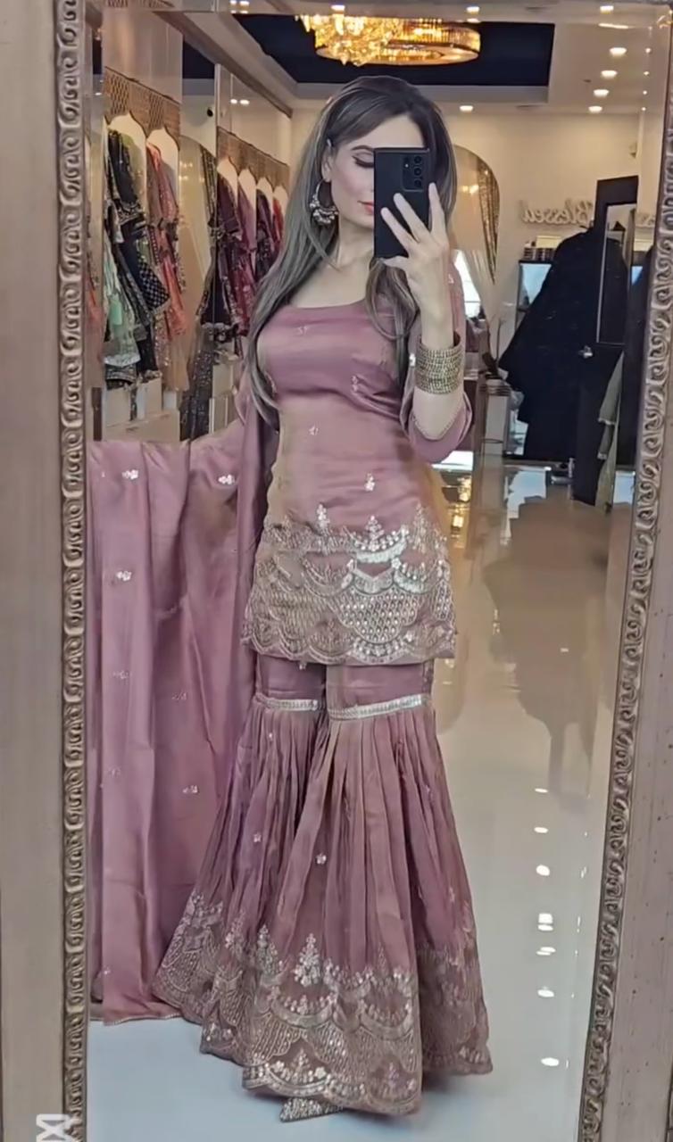 SSR 511 Onion Color Chinon Silk Sequence Work Salwar Suit Casual, Wedding, Festive, Events . Expected Delivery 4-6 Working Days @2099/- only | Casual Suits, Jump Suits, Salwar suit, Creative suits, Designer Suits, Palazzo Suits, Party Wear Suits, Patiala Suits, Straight Suits