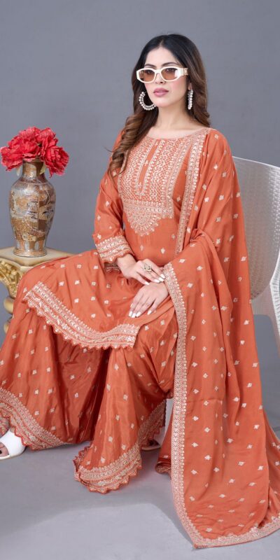 ZF 5006 Orange Color Chinon Silk Sequence Work Salwar Suit Casual, Wedding, Festive, Events . Expected Delivery 4-6 Working Days @2149/- only | Casual Suits, Jump Suits, Salwar suit, Creative suits, Designer Suits, Palazzo Suits, Party Wear Suits, Patiala Suits, Straight Suits