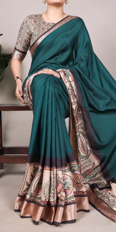 YNF 7022 Peacock Blue Color Tussar Silk With Viscose Border Printed Saree Saree , Wedding, Festive, Events . Expected Delivery  4-6 Working Days @1699/-                                                                                                                                            | Designer Sarees, Embroidered Sarees, Sarees, Bollywood Sarees, Creative Sarees, Ethnic Saree, Modern Digital sarees, Party Wear Sarees
