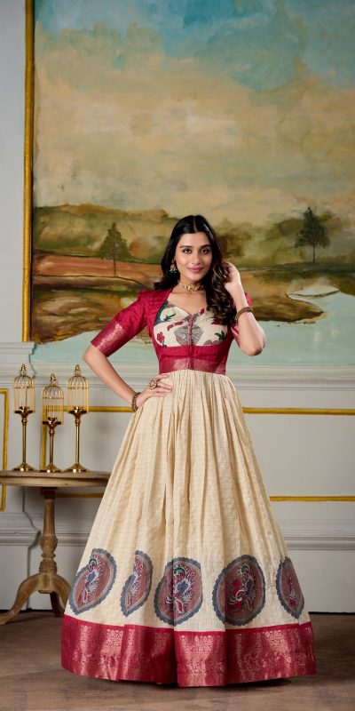 YNF 5310 Red Color Dola Silk Kalamkari Print Zari Weaving Broder Gown Casual, Wedding, Party, Festive, Events Etc.4-6 Working Days@ 1749/-only | Gowns, Bollywood Gowns, Creative Gowns, Designer Gowns, Embroidered Gowns, Party Wear Gowns