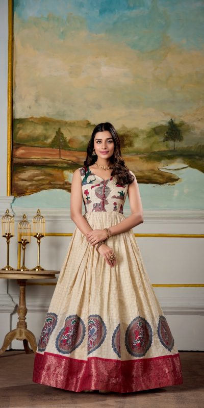 YNF 5310 Red Color Dola Silk Kalamkari Print Zari Weaving Broder Gown Casual, Wedding, Party, Festive, Events Etc.4-6 Working Days@ 1749/-only | Gowns, Bollywood Gowns, Creative Gowns, Designer Gowns, Embroidered Gowns, Party Wear Gowns