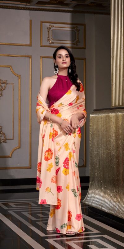YNF 7026 Cream Color Satin Silk Printed Saree Casual, Wedding, Festive, Events . Expected Delivery  4-6 Working Days @1599/- only                                                                                                                                           | Designer Sarees, Embroidered Sarees, Sarees, Bollywood Sarees, Creative Sarees, Ethnic Saree, Modern Digital sarees, Party Wear Sarees