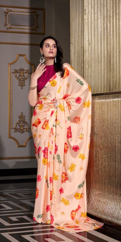 YNF 7026 Cream Color Satin Silk Printed Saree Casual, Wedding, Festive, Events . Expected Delivery 4-6 Working Days @1599/- only | Designer Sarees, Embroidered Sarees, Sarees, Bollywood Sarees, Creative Sarees, Ethnic Saree, Modern Digital sarees, Party Wear Sarees