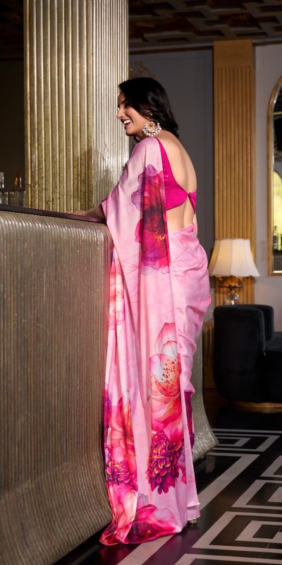 YNF 7026 Pink Color Satin Silk Printed Saree Casual, Wedding, Festive, Events . Expected Delivery 4-6 Working Days @1599/- only | Designer Sarees, Embroidered Sarees, Sarees, Bollywood Sarees, Creative Sarees, Ethnic Saree, Modern Digital sarees, Party Wear Sarees