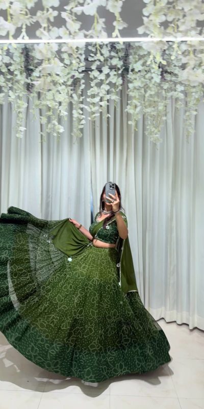 Green Georgette Mirror Work Lehenga Choli