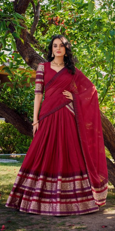Red Chanderi Plain Lehenga Choli