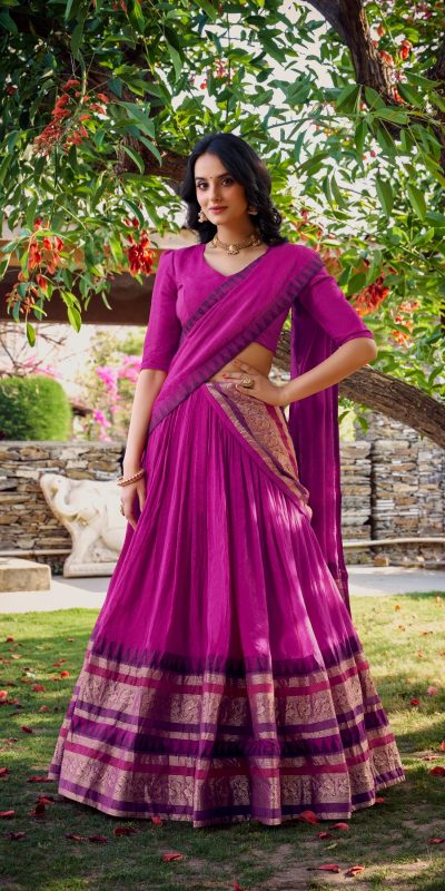 Pink Chanderi Plain Lehenga Choli