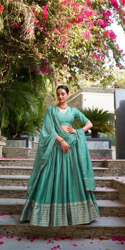Sea Green Chanderi Plain With Zari Weaving Work Border Lehenga Choli