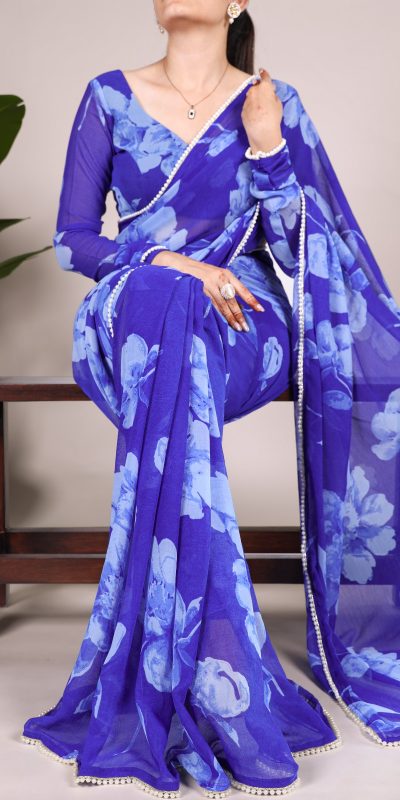 Blue Chiffon Printed Saree