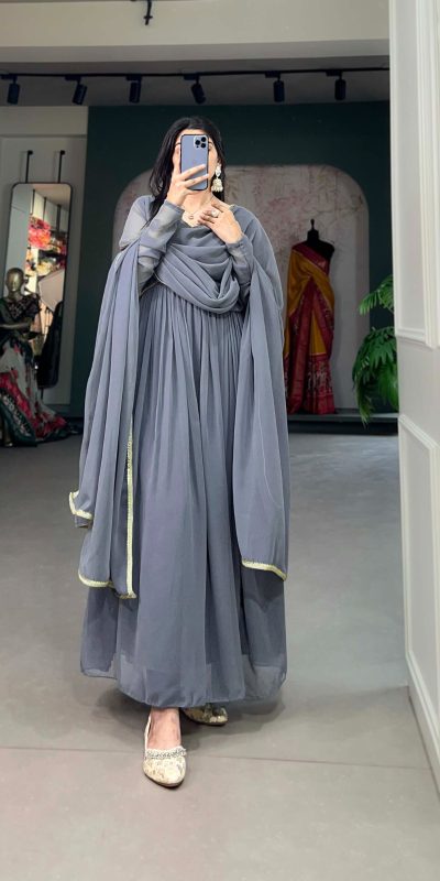 Grey Georgette Embroidery Gown