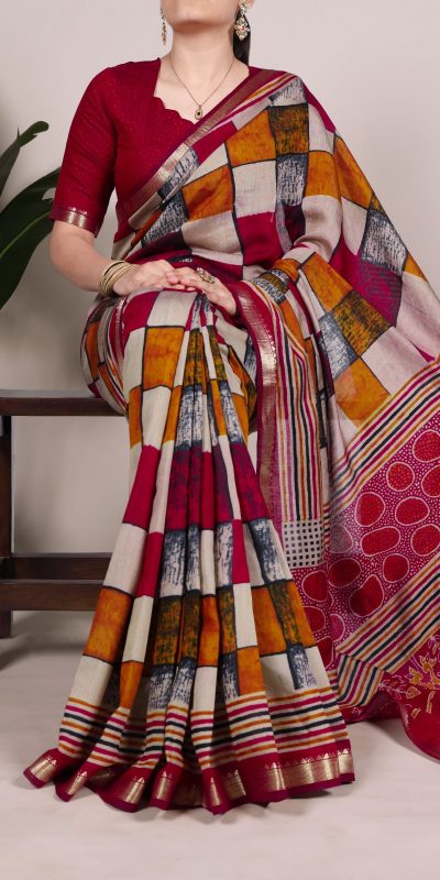 Maroon Chanderi Printed Saree