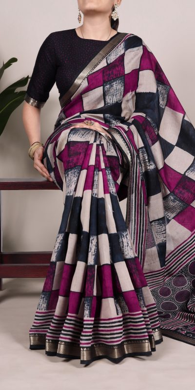 Navy Blue Chanderi Printed Saree