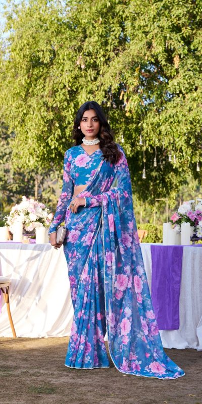 Blue Weightless Printed Pearl Saree