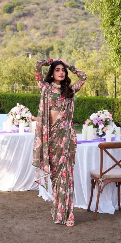 Mehandi Weightless Printed Pearl Saree