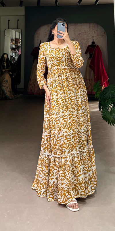 Mustard Georgette Printed Gown