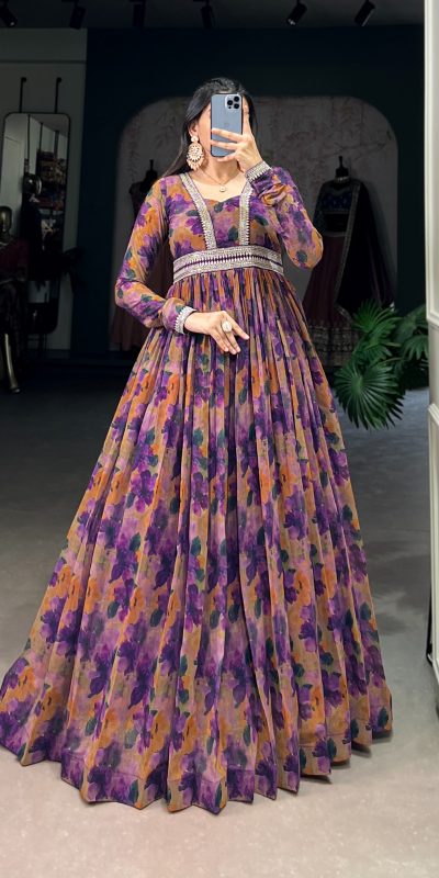 Purple Georgette Floral Gown