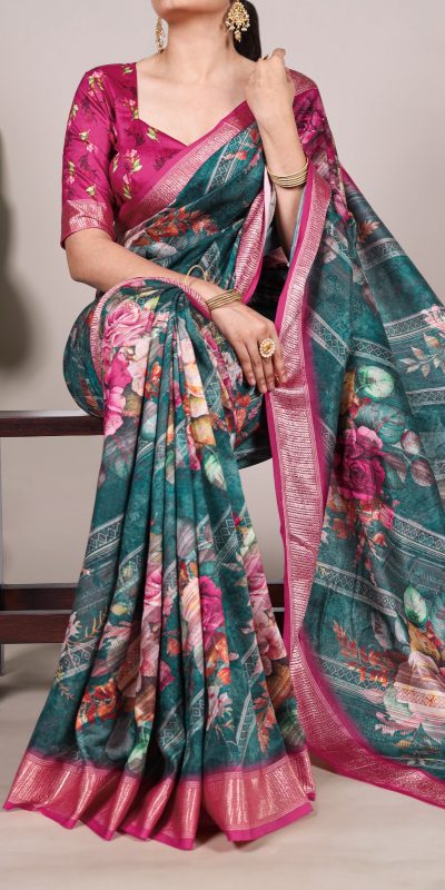 Firozi Tussar Printed Saree