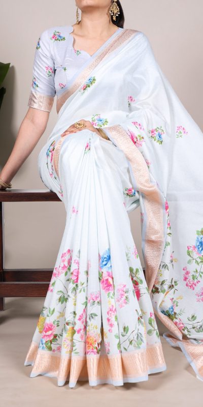 Sky Blue Tussar Printed Saree