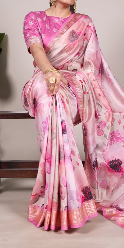 Pink Tussar Printed Saree