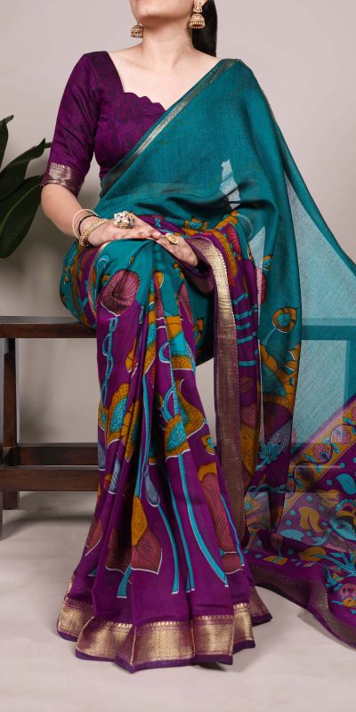 Teal Polyester Printed Saree