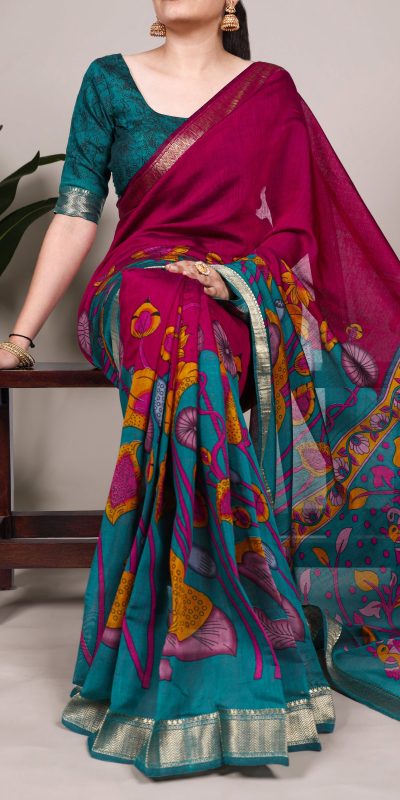 Pink Polyester Printed Saree