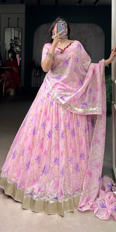 Baby Pink Tabby Embossed Print Lehenga Choli