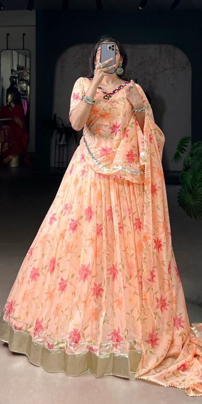 Peach Tabby Embossed Print Lehenga Choli