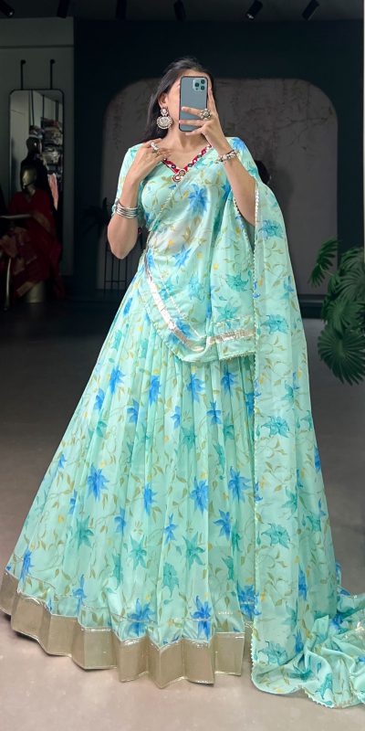 Pista Tabby Embossed Print Lehenga Choli