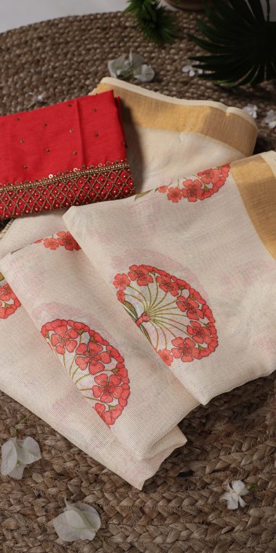 Red Onam Printed Saree